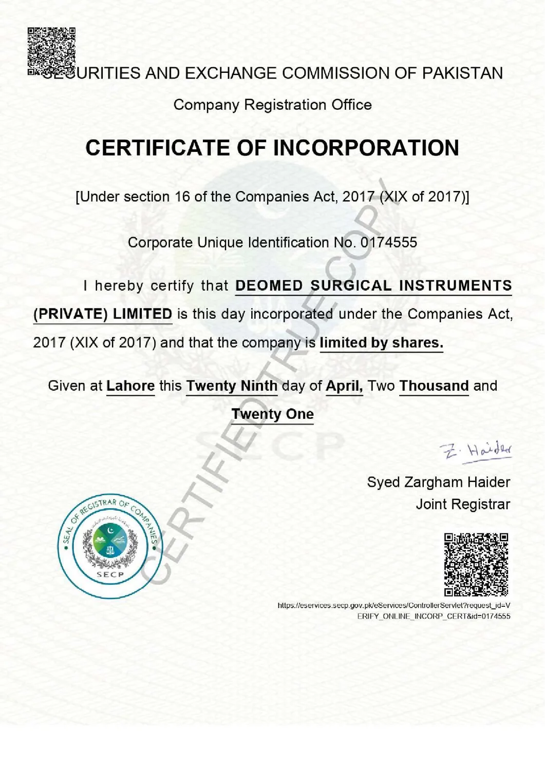 Company incorporation certificate